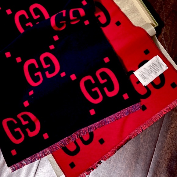 🍂BRAND NEW WITH BOX Gucci GG Jacquard Wool Silk Scarf (Thick) Red/Blue - Picture 2 of 14